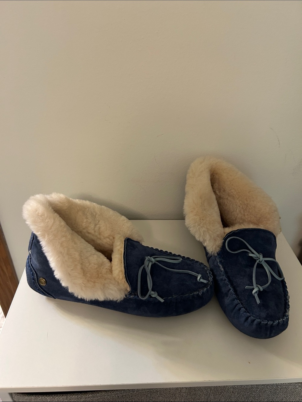 UGG Navy Suede Shearling-Lined Women's Moccasin Slippers